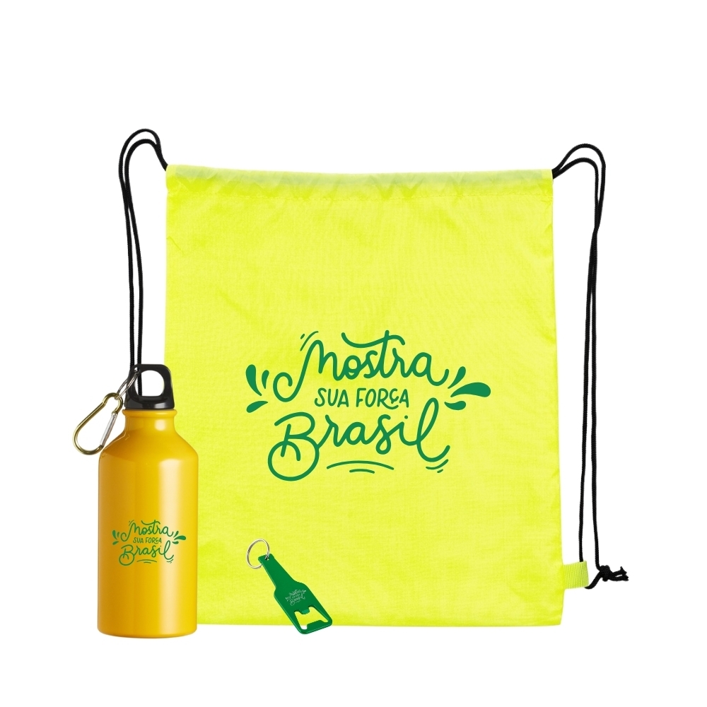 Kit Torcedor Personalizado com Squeeze de Alumínio, Mochila Saco e Chaveiro Abridor