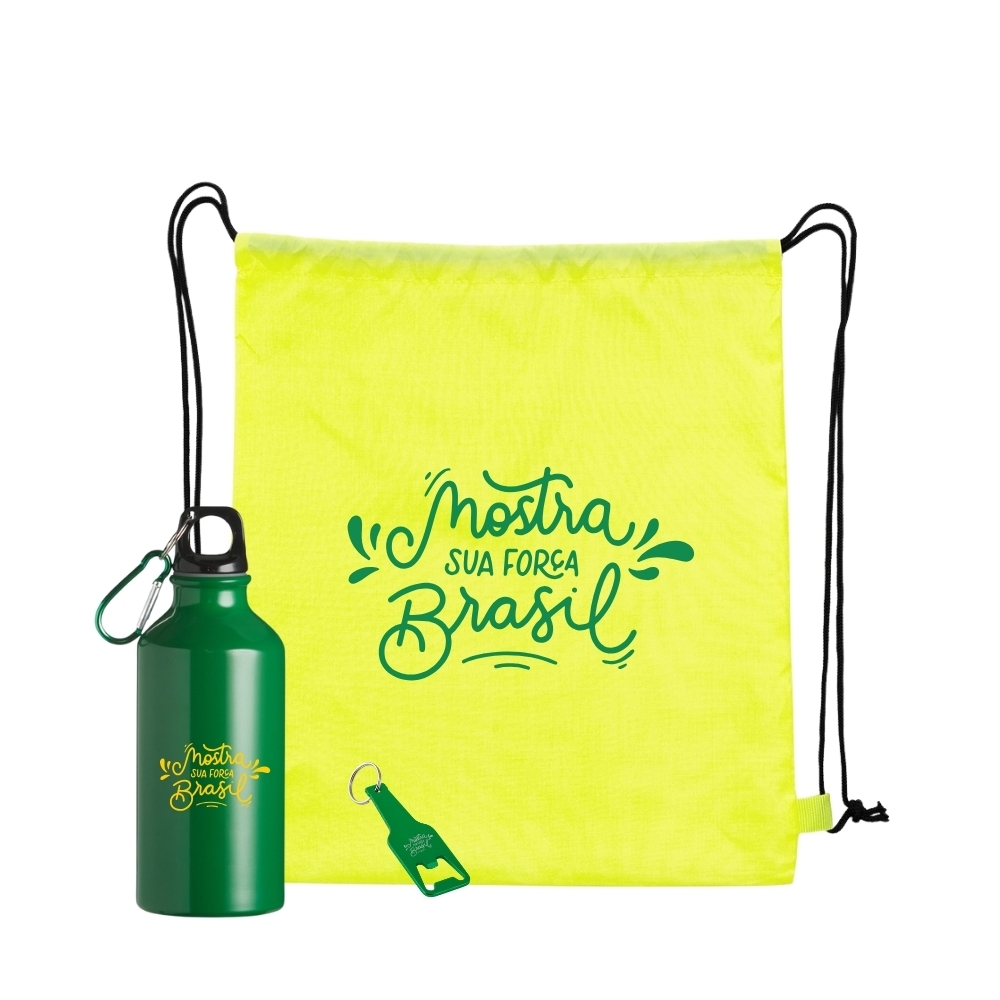 Kit Torcedor Personalizado com Squeeze de Alumínio, Mochila Saco e Chaveiro Abridor